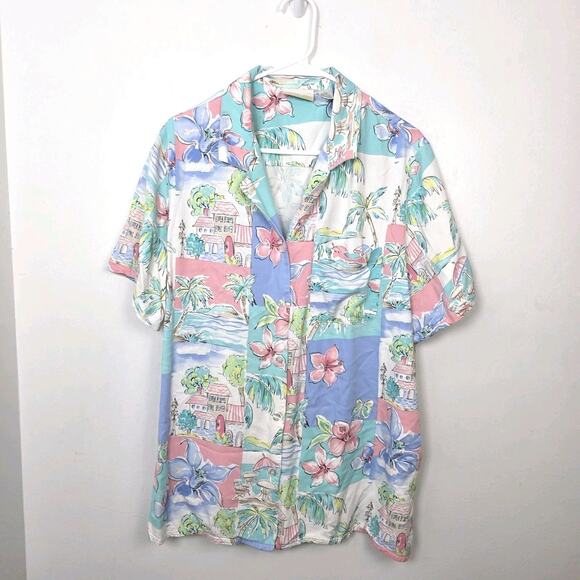 Alfred Dunner Pink White Blue Pastels Tropical Vacation Button Up Shirt Size 18W - Picture 1 of 5